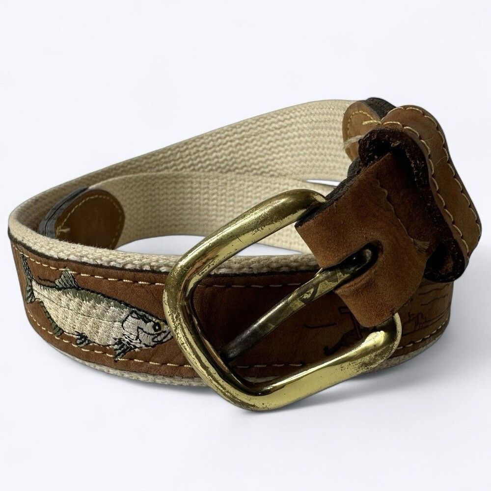 Zeppelin‎ Canvas Leather Belt Embroidered Tooled Fish Kids 32 Brass Buckle